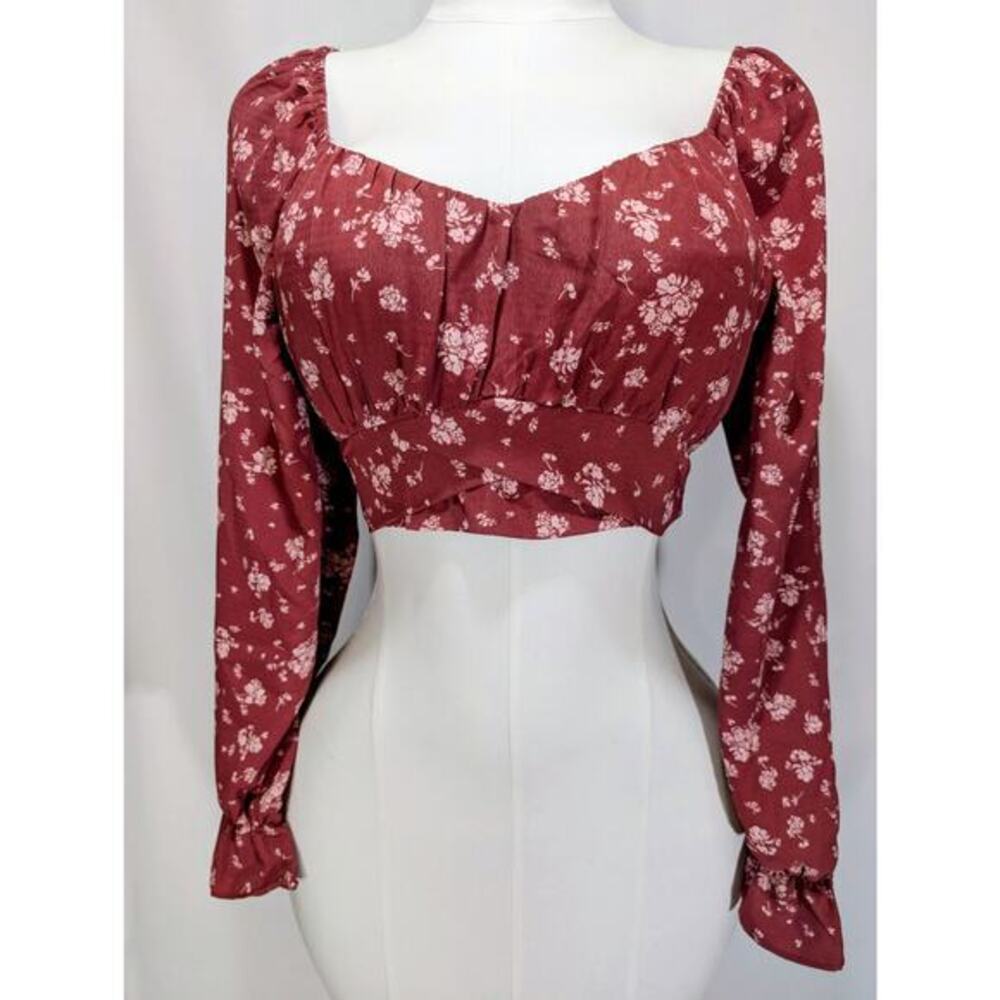 Altar’d State Burgundy Floral Wrap‎ Back Puff Sleeve Crop Top Size Large